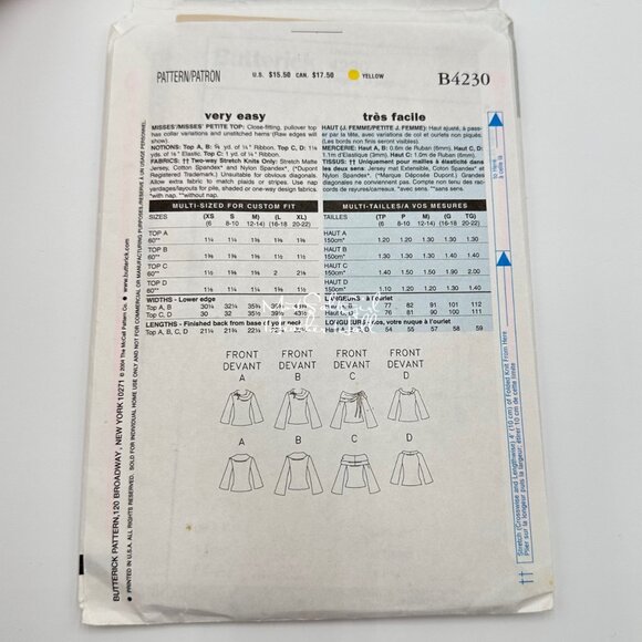 Butterick B4230 Sewing Pattern For Women's Petite Tops XS/S/M - Picture 2 of 4